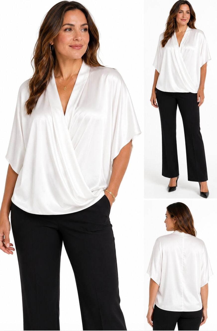 Boston Proper Satin Surplice Blouse White Dolman Sleeve Minimalist Quiet Luxury